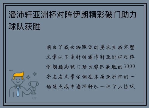 潘沛轩亚洲杯对阵伊朗精彩破门助力球队获胜